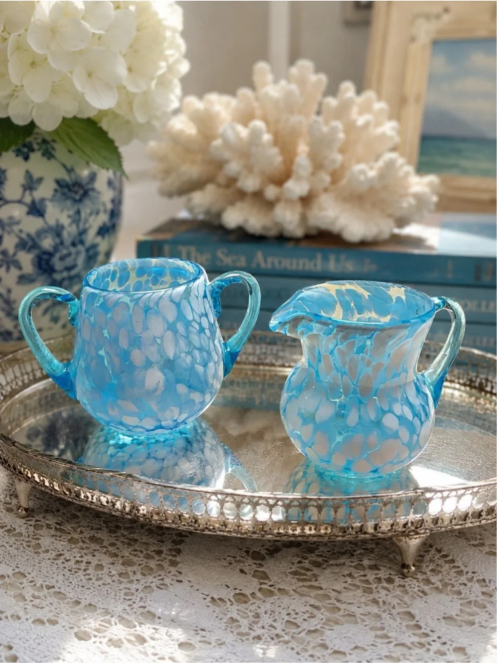 Hand Blown Aqua Blue Art Glass Creamer & Sugar Bowl Set | Studio Glass | Coastal - Picture 1 of 7